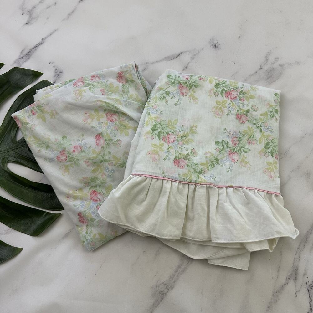 Lady Pepperell Vintage 70s Bed Sheet Set Floral Ruffle Full Double Flat Fitted